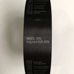 Этикетка состава атласная 25мм Wool 70% Polyester 30% черный серебро (100 метров)
