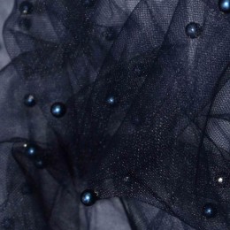 Ткань сетка с бусинами темно синий (метр )