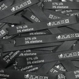 Этикетка состава атласная 10x90мм 97% silk 3% elastane черный серебро (100 штук)